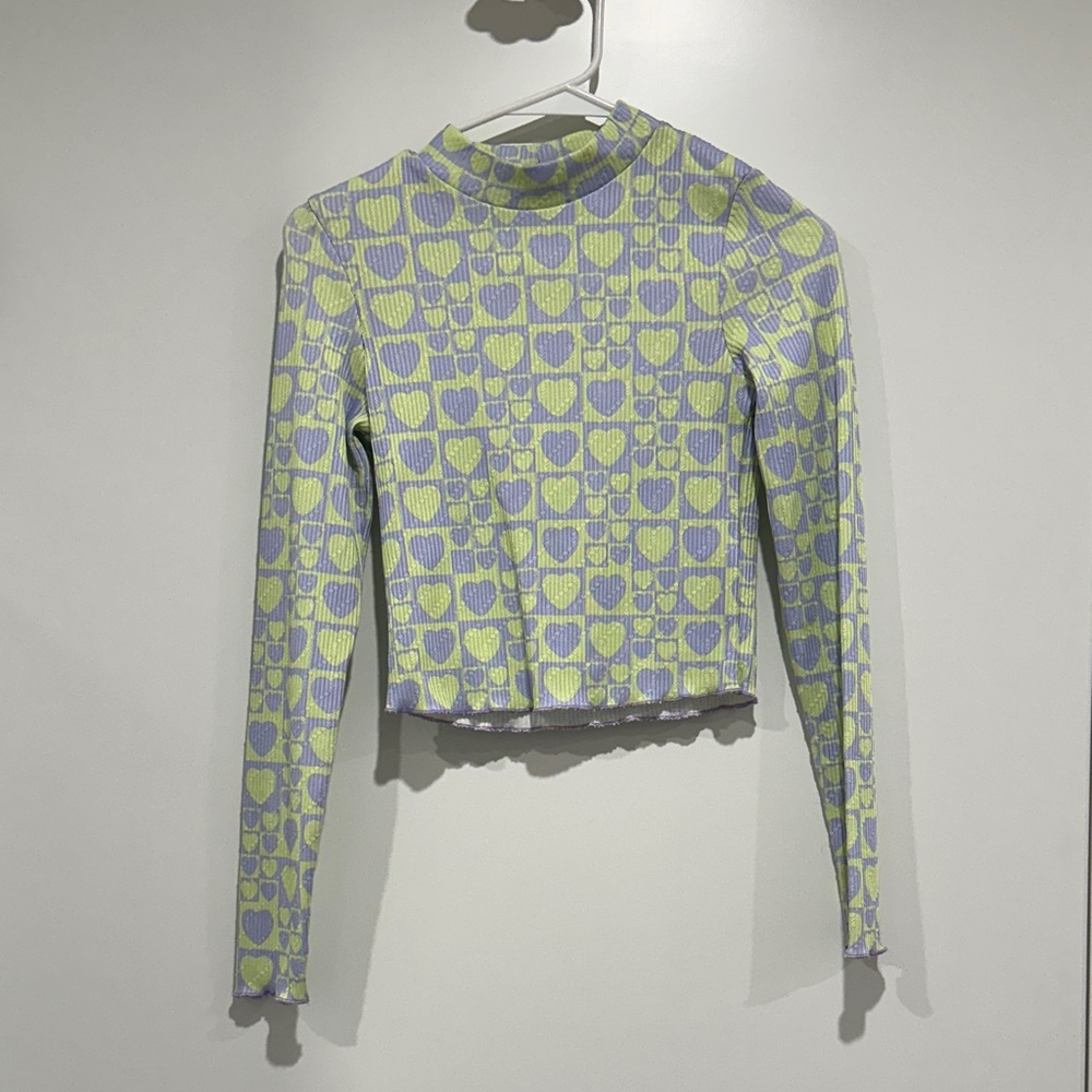 Miss Selfridge Pastel Heart Long Sleeve Crop Top, Size 4